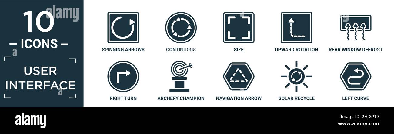 ensemble d'icônes d'interface utilisateur rempli. contient des flèches tournantes plates, continues, de taille, de rotation vers le haut avec ligne brisée, de dégivrage de lunette arrière, de virage à droite, d'arc Illustration de Vecteur