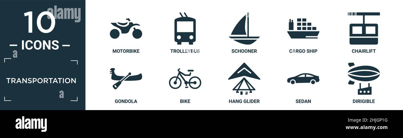 ensemble d'icônes de transport rempli. contient une moto plate, un trolleybus, une goélette, un cargo, un télésiège,gondole, vélo, deltaplane, berline, icône dirigable Illustration de Vecteur