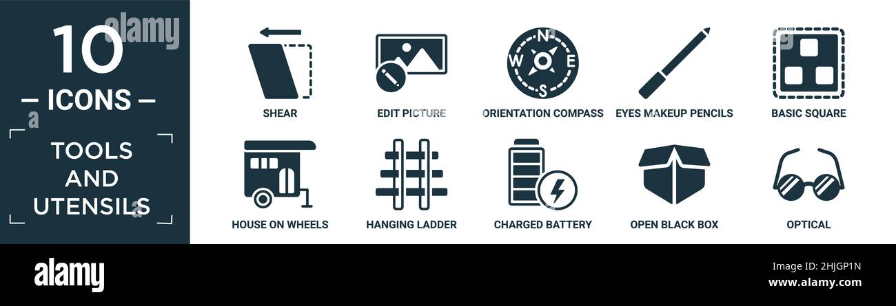 jeu d'icônes d'outils et d'ustensiles remplis. contient un cisaillement plat, une image de montage, une boussole d'orientation, des crayons de maquillage pour les yeux, un carré de base,maison sur roues, suspendue Illustration de Vecteur