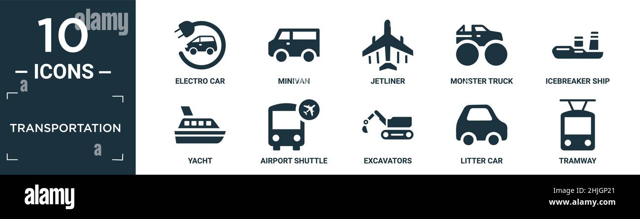 ensemble d'icônes de transport rempli. contient voiture électrique plate, monospace, jetliner, camion monstre, navire brise-glace,yacht, navette aéroport, excavateurs, litte Illustration de Vecteur