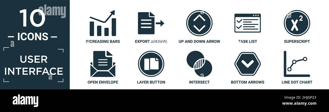 jeu d'icônes d'interface utilisateur rempli. contient un graphique à barres croissantes plates, une archive d'exportation, une flèche vers le haut et vers le bas, une liste de tâches, un exposant, une enveloppe ouverte, un calque Illustration de Vecteur