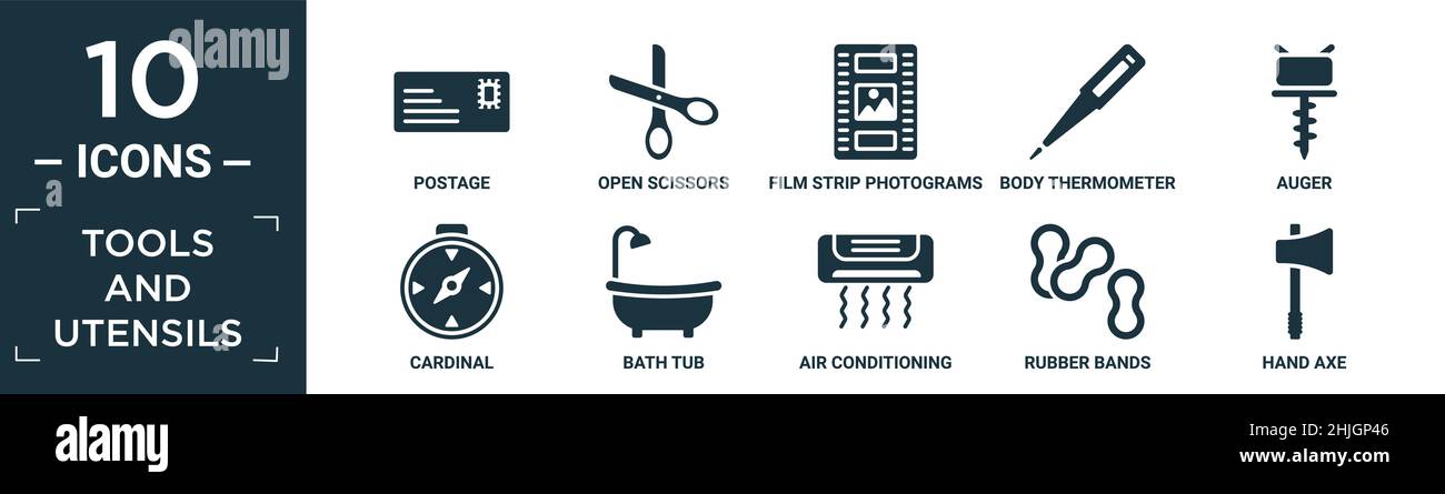 jeu d'icônes d'outils et d'ustensiles remplis. contient des enveloppes préaffranchis, des ciseaux ouverts, des photogrammes à film, un thermomètre pour le corps, une tarière,cardinal, baignoire, air conditionné Illustration de Vecteur