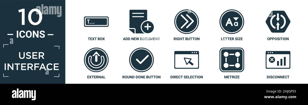jeu d'icônes d'interface utilisateur rempli. contient une zone de texte plate, ajouter un nouveau document, bouton droit, format de lettre, opposition,externe, bouton rond terminé, direct se Illustration de Vecteur