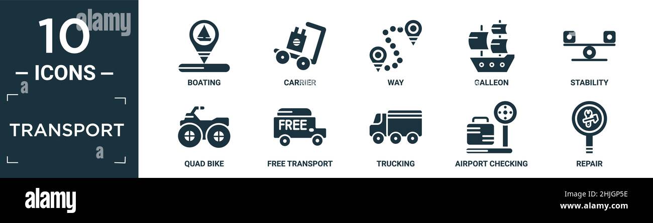 jeu d'icônes de transport rempli. contient bateau plat, porteur, voie, galléon, stabilité,quad bike, transport gratuit, camionnage, vérification d'aéroport, icônes de réparation Illustration de Vecteur