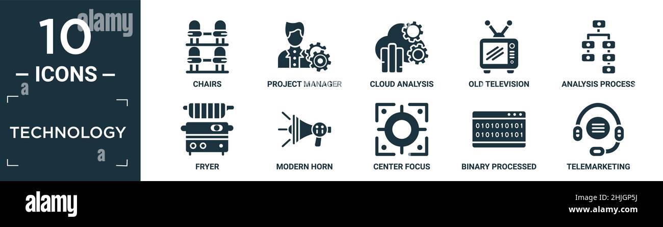 jeu d'icônes de technologie rempli. contient des chaises plates, chef de projet, analyse de cloud, vieux téléviseur, processus d'analyse,friteuse, corne moderne, foyer central, Illustration de Vecteur
