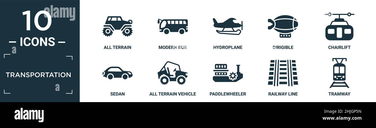 ensemble d'icônes de transport rempli. contient plat tout terrain, bus moderne, hydroplane, digible, télésiège,berline, véhicule tout terrain, roue à aubes, rai Illustration de Vecteur