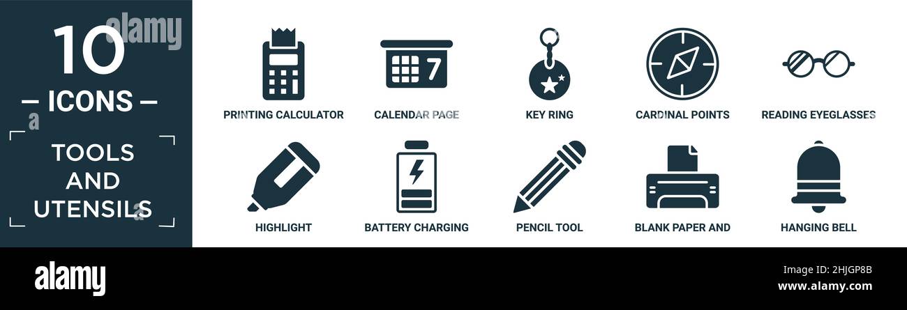 jeu d'icônes d'outils et d'ustensiles rempli. contient calculatrice à impression à plat, page de calendrier, porte-clés, points cardinaux, lunettes de lecture,mettez en surbrillance, batterie Illustration de Vecteur