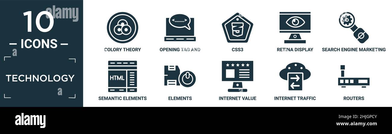 ensemble d'icônes de technologie remplies. contiennent la théorie de la colory plate, étiquette d'ouverture et de fermeture des balises, css3, affichage de rétine, marketing de search engine, éléments sémantiques Illustration de Vecteur