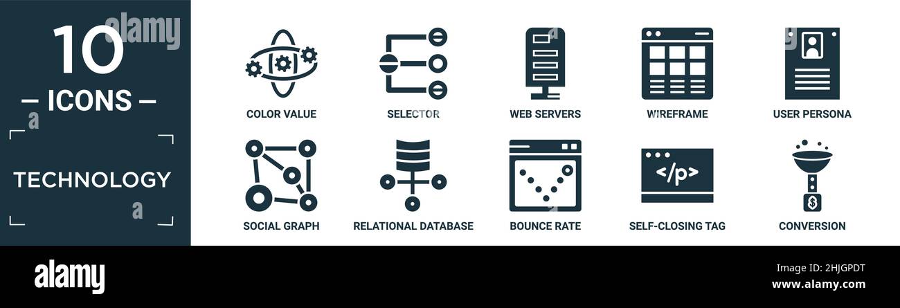 ensemble d'icônes de technologie remplies. contient une valeur de couleur plate, un sélecteur, des serveurs web, des éléments filaires, un utilisateur,graphique social, système de gestion de base de données relationnelle Illustration de Vecteur