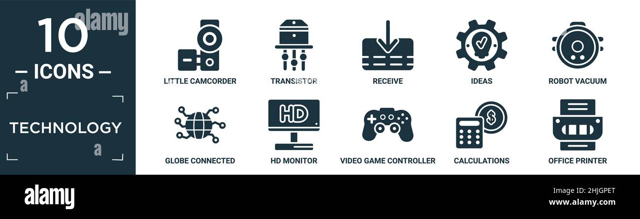 jeu d'icônes de technologie rempli. contient petit caméscope plat, transistor, recevoir, idées, aspirateur robot,circuit globe connected, moniteur hd, jeu vidéo c Illustration de Vecteur