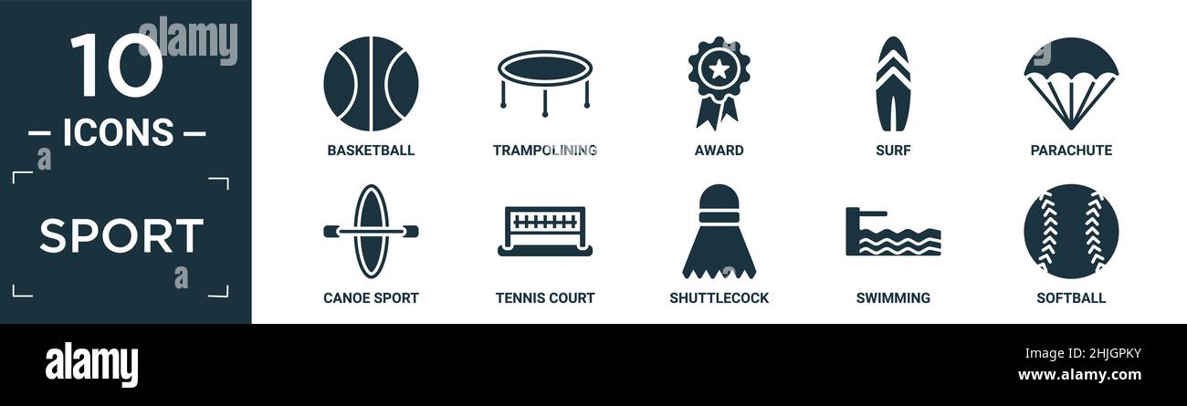 ensemble d'icônes de sport plein. contient basket-ball plat, trampoline, récompense, surf, parachute,canoë sport, court de tennis, shuttlecock, natation, icônes de softball Illustration de Vecteur