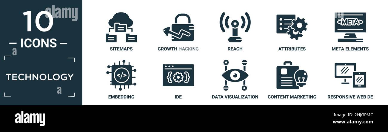 ensemble d'icônes de technologie remplies. contiennent des plans de site plats, le piratage de croissance, reach, attributs, méta-éléments,intégration, ide, visualisation des données, marke de contenu Illustration de Vecteur