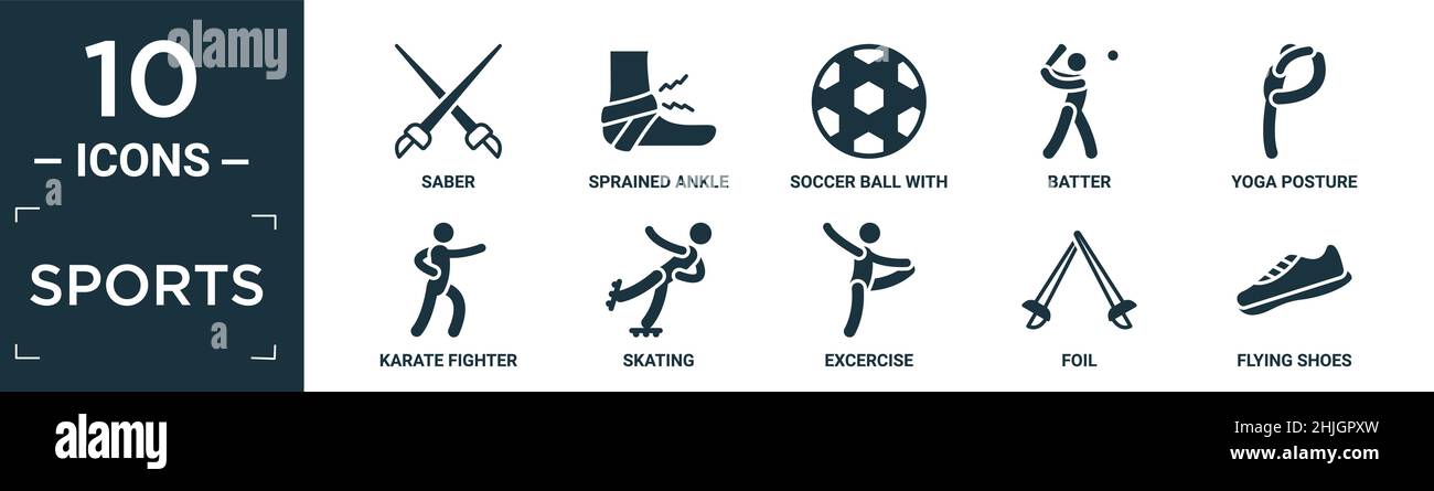 ensemble de symboles sportifs. contient du sabre plat, une cheville entortillée, un ballon de football aux pentagons, un batter, une posture de yoga, un chasseur de karaté, du patinage,exercice, feuille Illustration de Vecteur