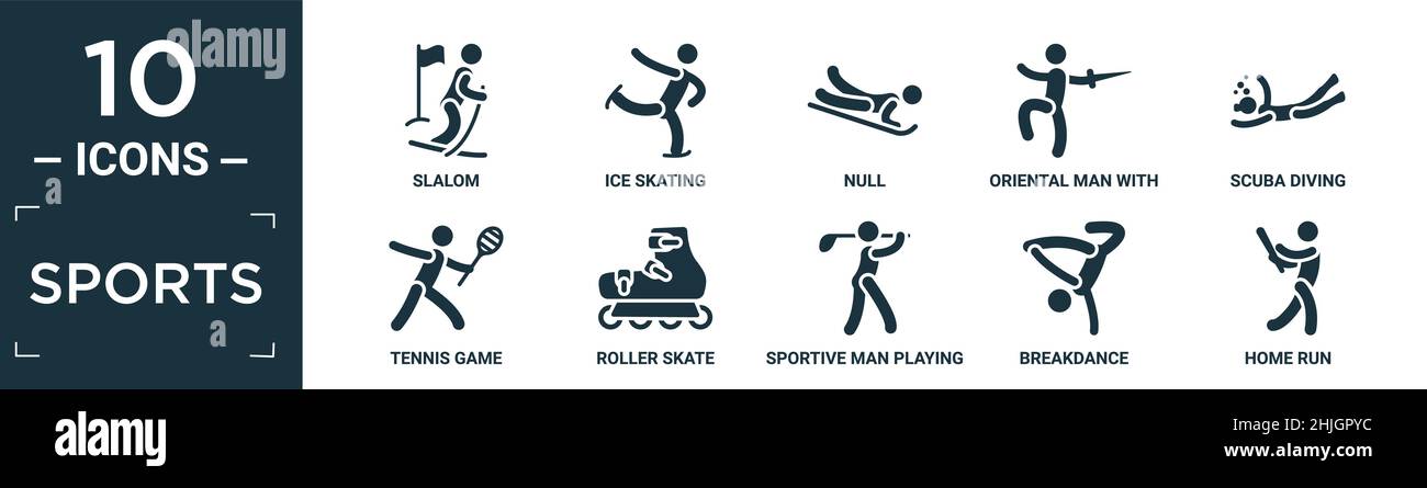 ensemble de symboles sportifs. contient slalom plat, patinage sur glace, nul, homme oriental avec une épée, plongée sous-marine, jeu de tennis, patin à roulettes, joueur sportif Illustration de Vecteur