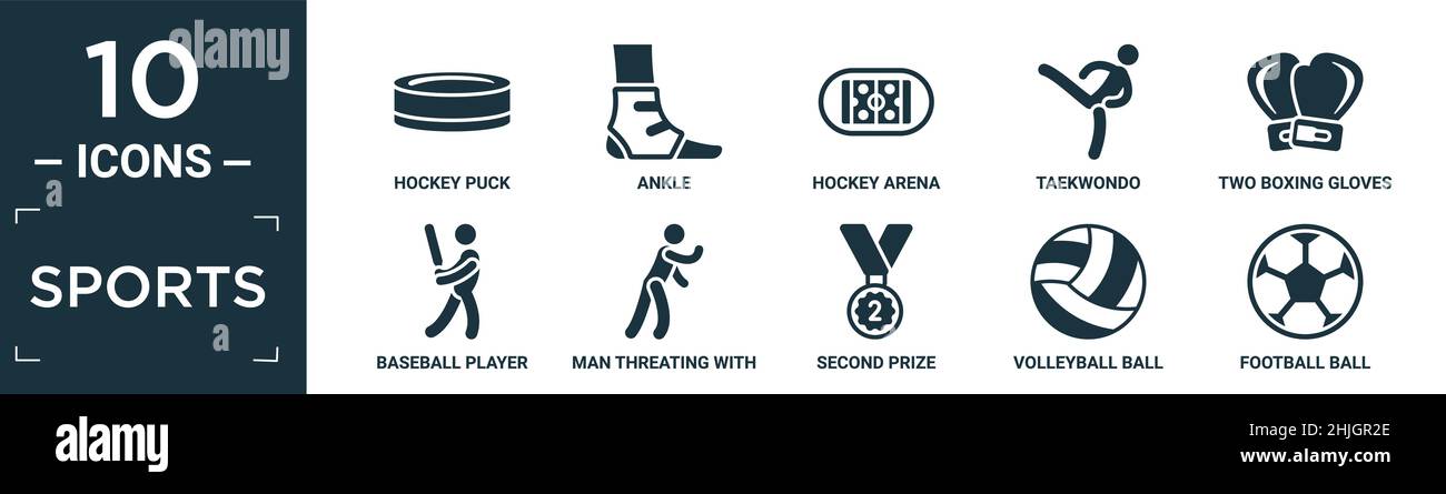 ensemble de symboles sportifs. contient un palet de hockey plat, une cheville, une arène de hockey, du taekwondo, deux gants de boxe,joueur de baseball avec batte, homme triant avec lui Illustration de Vecteur