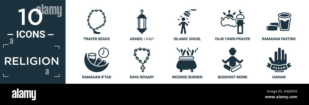 ensemble d'icônes de religion remplies. contient des perles de prière plates, lampe arabe, ghusl islamique, prière à l'aube de fajr, jeûne de ramadan,ramadan iftar, rosaire de raya, incens Illustration de Vecteur