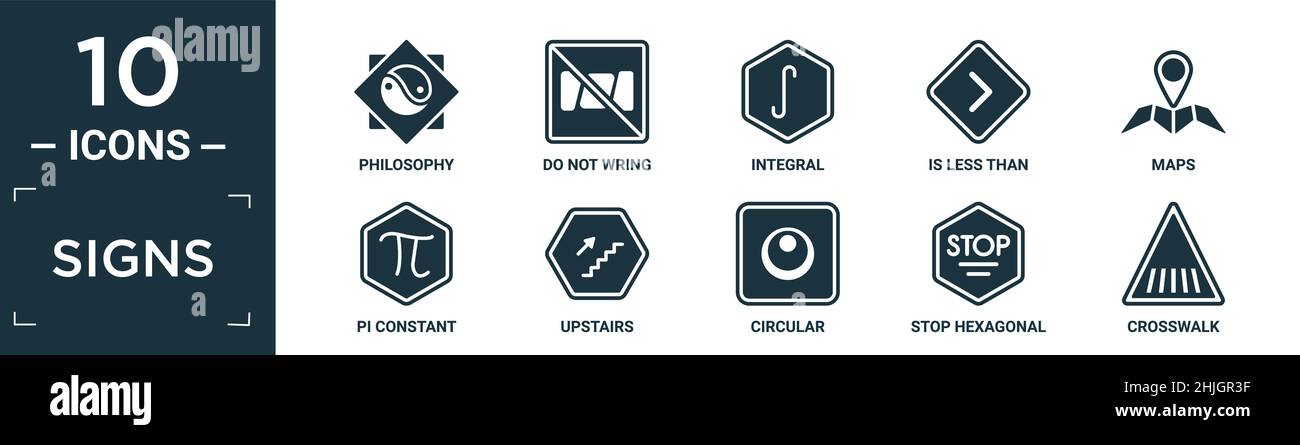 ensemble d'icônes de panneaux remplis contenant une philosophie plate, ne pas essorer, intégral, est inférieur à, cartes,pi constant, à l'étage, circulaire, butée hexagonale, traverse Illustration de Vecteur