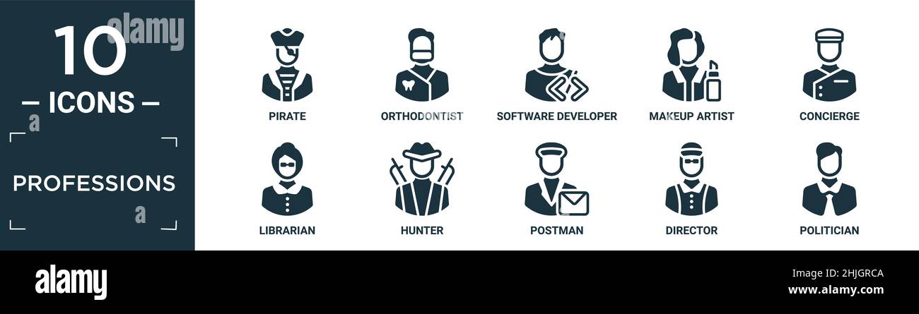 jeu d'icônes de professions remplies. contient pirate plat, orthodontiste, développeur de logiciels, maquilleur, concierge,bibliothécaire, chasseur, postier, directeur, po Illustration de Vecteur