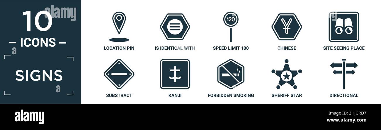 jeu d'icônes de signalisation remplies. contient une broche à emplacement plat, identique à, limite de vitesse 100, chinois, lieu de visite du site,soustraire, kanji, interdiction de fumer, Illustration de Vecteur