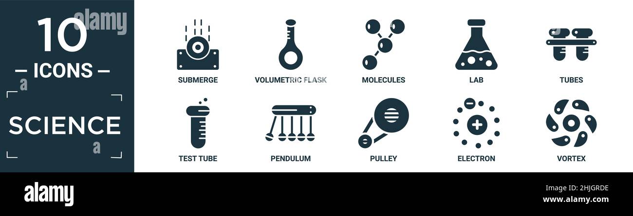 jeu d'icônes scientifiques remplies. contient une immersion plate, une fiole jaugée, des molécules, un laboratoire, des tubes,tube à essai, pendule, poulie, électron, vortex icônes dans editab Illustration de Vecteur