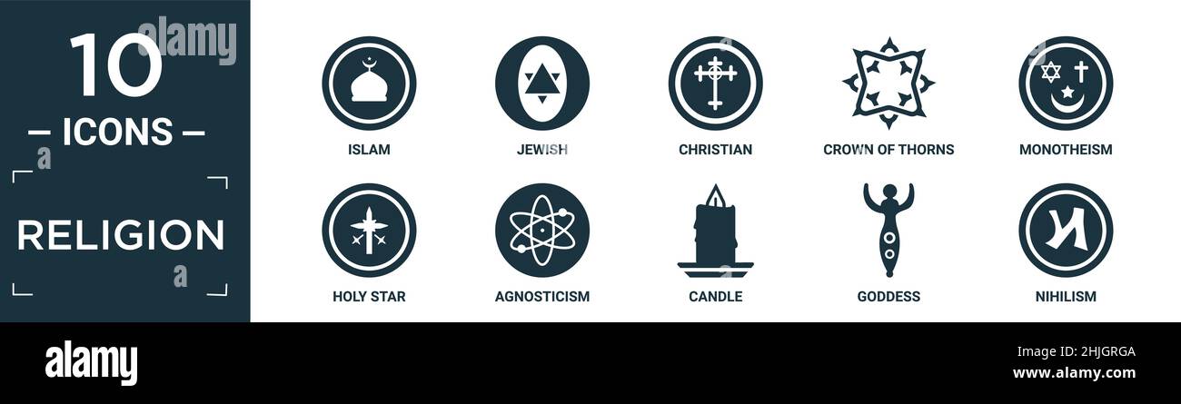 ensemble d'icônes de religion remplies. contiennent l'islam plat, juif, chrétien, couronne d'épines, monothéisme,l'étoile sainte, l'agnosticisme, la bougie, la déesse, les icônes du nihilisme Illustration de Vecteur