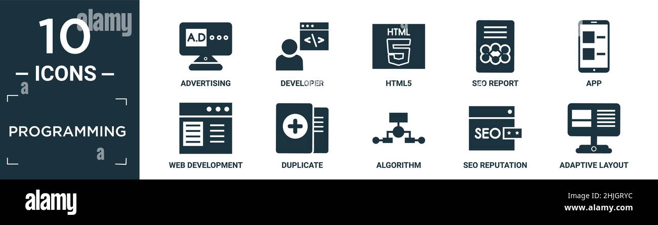 jeu d'icônes de programmation rempli. contient une publicité à plat, développeur, html5, rapport seo, application,développement web, duplicata, algorithme, réputation seo, adapter Illustration de Vecteur