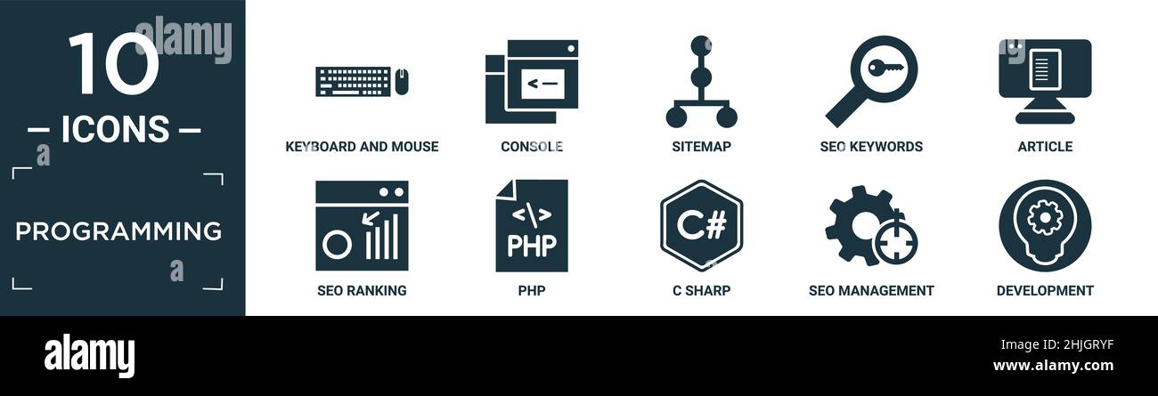 jeu d'icônes de programmation rempli. contient clavier plat et souris, console, plan du site, mots-clés seo, article,référencement, php, c sharp, gestion seo, deve Illustration de Vecteur