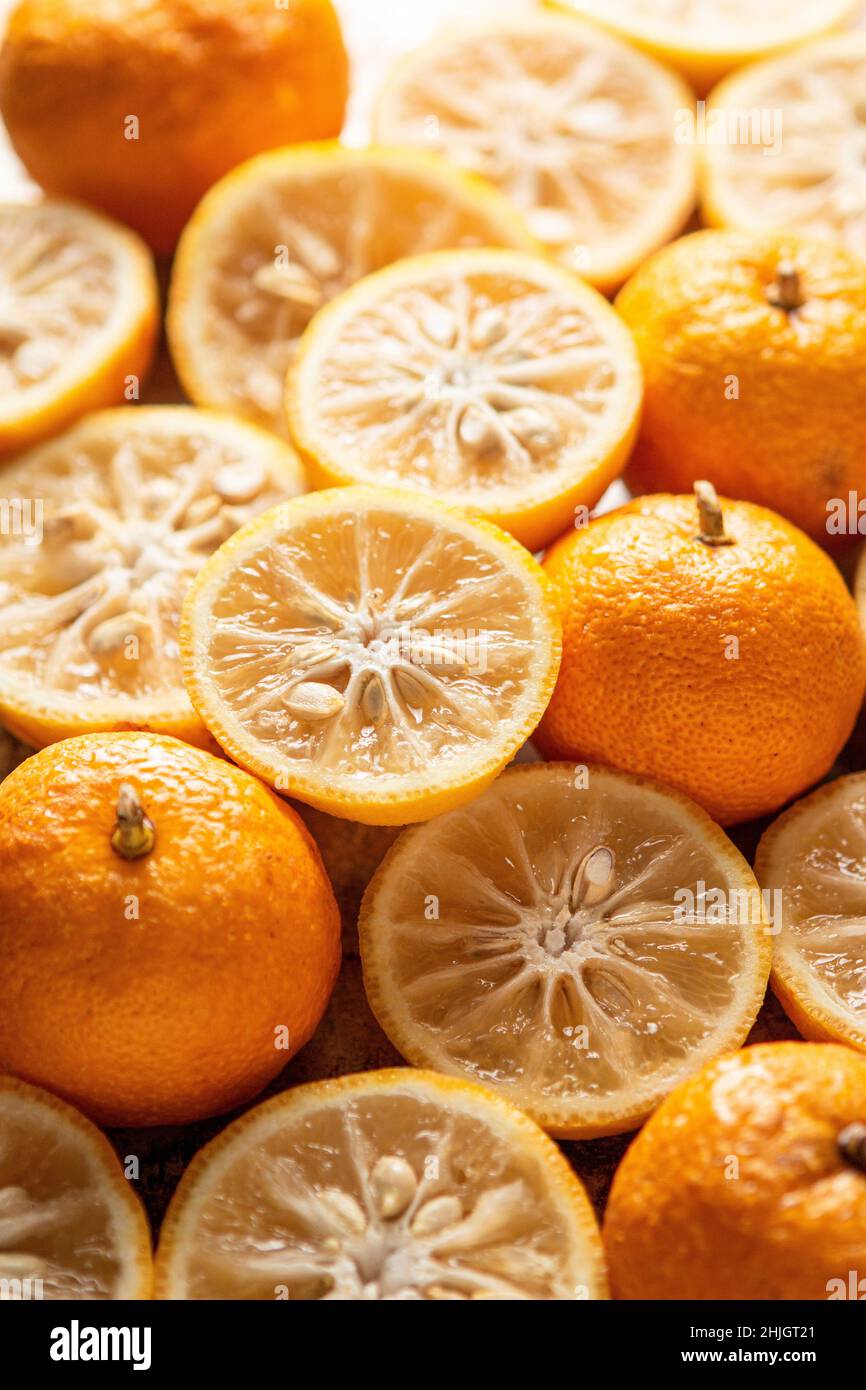 Yuzu Citrus plat Lay fruit Banque D'Images