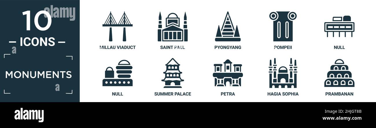 ensemble d'icônes de monuments remplis contenant le viaduc plat millau, saint paul, pyongyang, pompéi, nul,null, palais d'été, petra, sainte-sophie, icône de prambanan Illustration de Vecteur