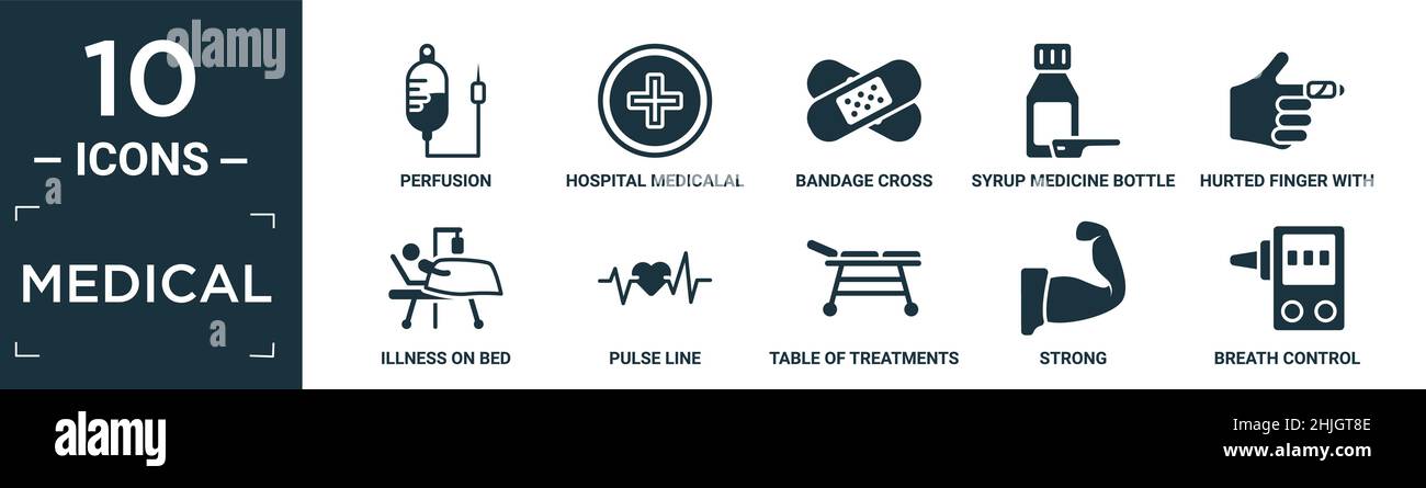 kit d'icônes médicales remplies. contiennent une perfusion plate, un médicament hospitalier d'une croix dans un cercle, une croix de bandage, un flacon de sirop, un doigt avec un b Illustration de Vecteur