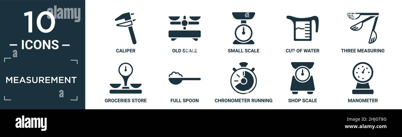 jeu d'icônes de mesure remplies. contient un pied à coulisse plat, une ancienne échelle, une petite échelle, une tasse d'eau, trois cuillères à mesurer,balance de magasin d'alimentation, cuillère pleine, ch. Illustration de Vecteur