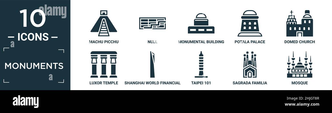 ensemble d'icônes de monuments remplis contenant plat machu picchu, vide, bâtiment monumental, palais du potala, église en dôme,temple de louxor, shanghai world financial c Illustration de Vecteur