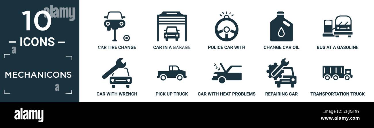 ensemble d'icônes de mécanicons remplis. contiennent le changement de pneu de voiture plate, voiture dans un garage, voiture de police avec volant, changer l'huile, bus à une station d'essence, avec Illustration de Vecteur