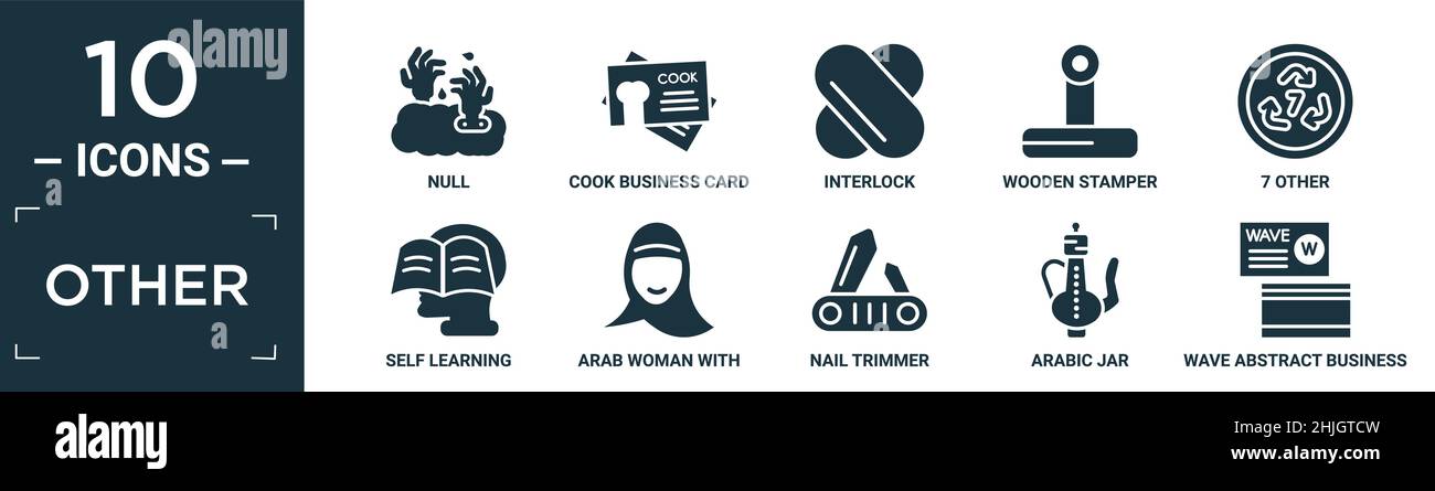 autre jeu d'icônes rempli. contient vide plat, carte de visite de cuisinier, interverrouillage, estampée en bois, 7 autres,auto-apprentissage, femme arabe avec hijab, coupe-ongles, Illustration de Vecteur