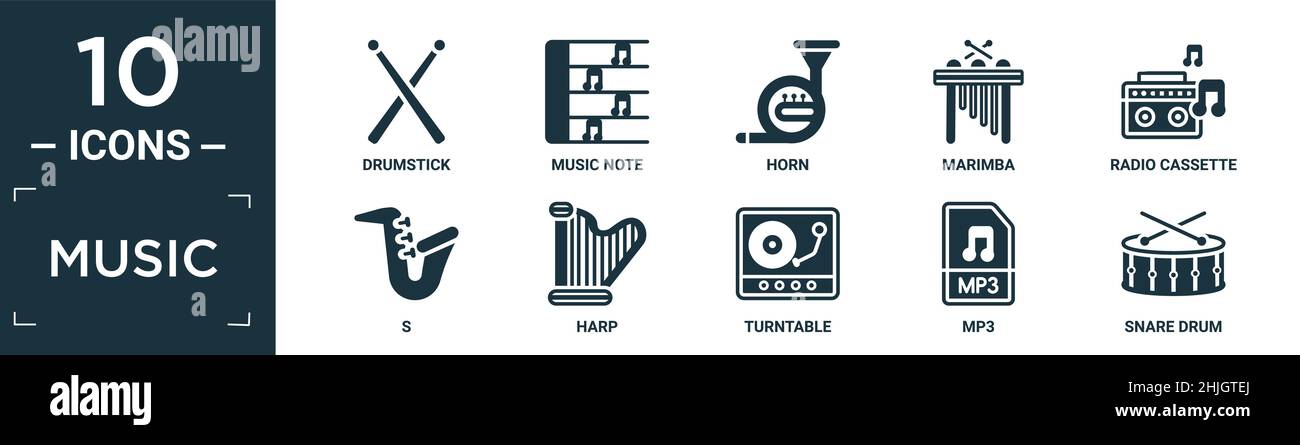 jeu d'icônes de musique rempli. contient un pilon plat, note de musique, corne, marimba, radio cassette,s, harpe, sellette, mp3, icônes de tambour de snare au format modifiable Illustration de Vecteur