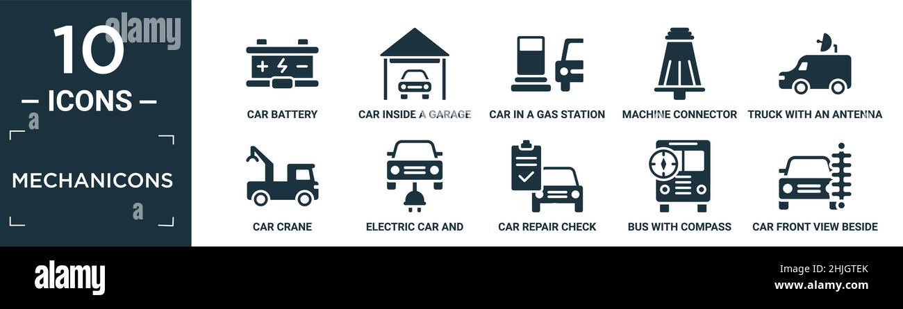 ensemble d'icônes de mécanicons remplis. contiennent une batterie de voiture plate, voiture à l'intérieur d'un garage, voiture dans une station d'essence, prise de connecteur de machine, chariot avec une antenne dessus, Illustration de Vecteur