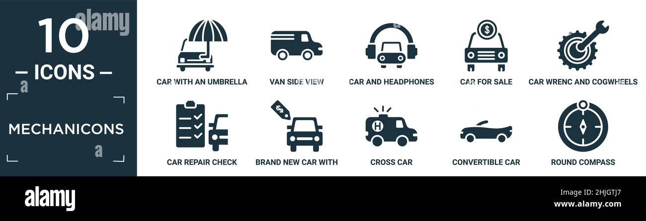 ensemble d'icônes de mécanicons rempli. contient voiture plate avec un parapluie, vue latérale de la camionnette, voiture et casque, voiture à vendre, wlenc et roues dentées,vérifier la réparation du sil Illustration de Vecteur