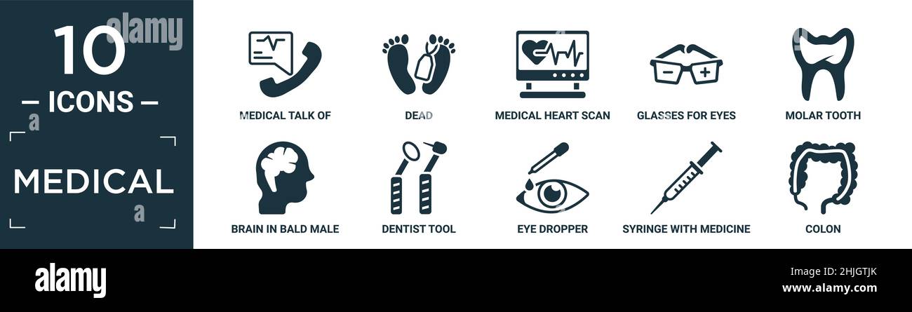 jeu d'icônes médicales remplies. contiennent des discussions médicales plates de rectangulaires, morts, examen médical du coeur, des verres pour les yeux, la dent molaire,cerveau dans la tête mâle chauve, d Illustration de Vecteur