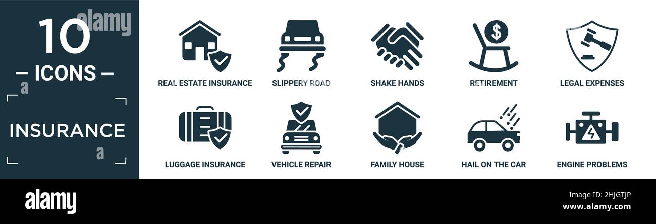 jeu d'icônes d'assurance remplies. contient l'assurance immobilière à plat, la route glissante, les mains de secousse, la retraite, les frais juridiques,assurance bagages, véhicule repa Illustration de Vecteur