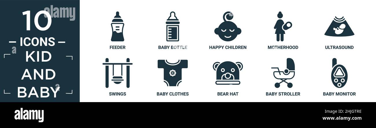 ensemble d'icônes pour enfants et bébés. contient un distributeur à plat, un biberon, des enfants heureux, une maternité, des ultrasons,balançoires, vêtements pour bébés, chapeau d'ours, poussette pour bébés, Illustration de Vecteur