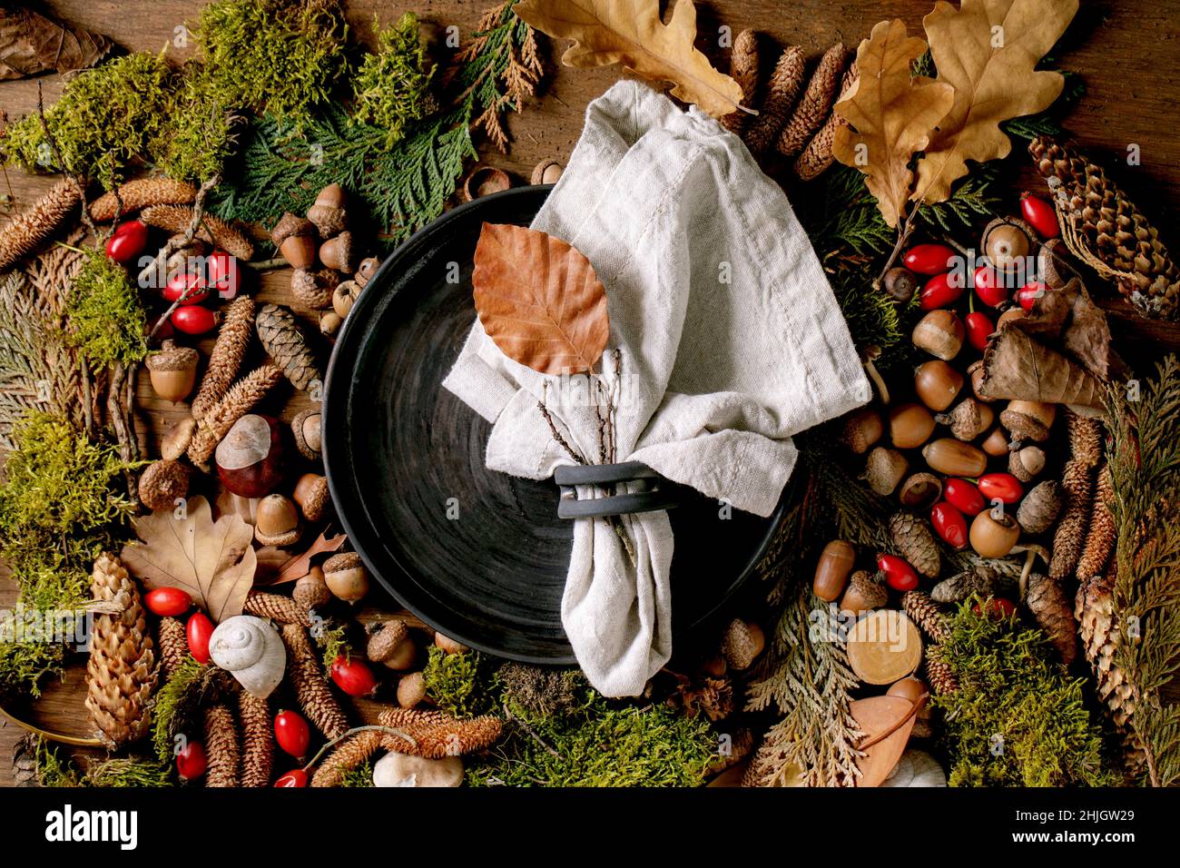 Assiette en céramique noire vide avec serviette en tissu sur fond de forêt  automnale d'ambiance magique.Feuilles d'automne, mousse, cônes de sapin,  coquille d'escargot sur su bois Photo Stock - Alamy