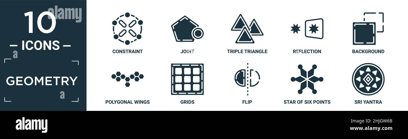 ensemble d'icônes de géométrie remplie. contient une contrainte plate, une liaison, un triangle triple, une réflexion, un arrière-plan,ailes polygonales, grilles, bascule, étoile de six points, s Illustration de Vecteur