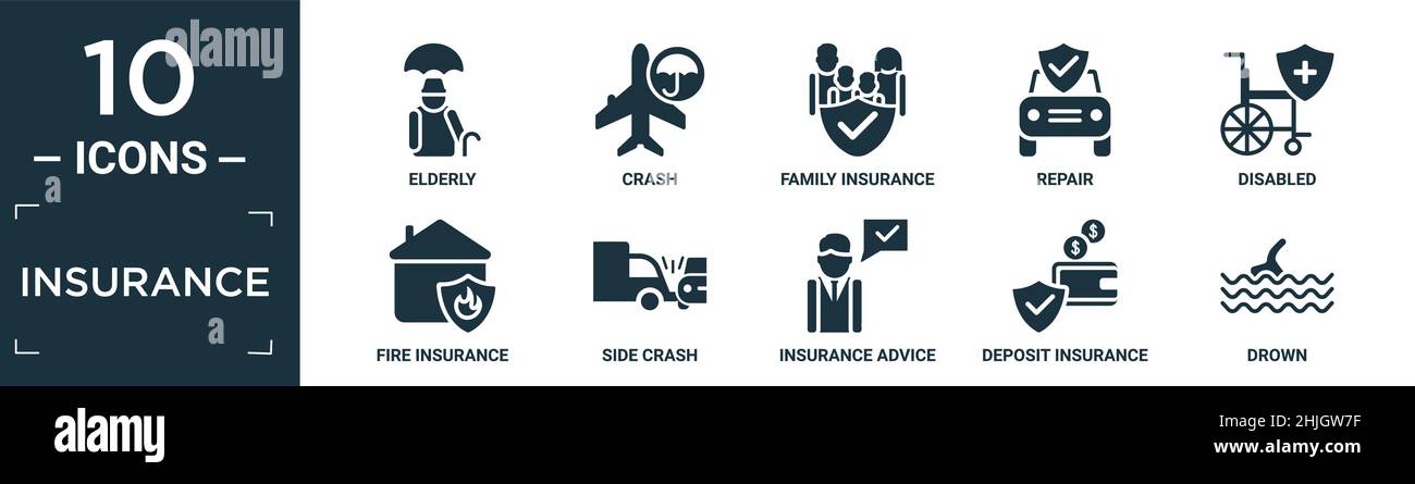 jeu d'icônes d'assurance remplies. contient des personnes âgées plates, accident, assurance familiale, réparation, désactivé,assurance-incendie, collision latérale, conseils, déposer les icônes en forme de noyer dans Illustration de Vecteur