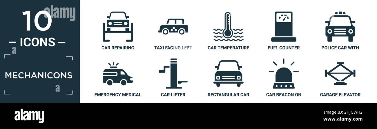 ensemble d'icônes de mécanicons remplis. contiennent la réparation de voiture plate, taxi vers la gauche, la température de voiture, compteur de carburant, voiture de police avec lumière, véh médical d'urgence Illustration de Vecteur