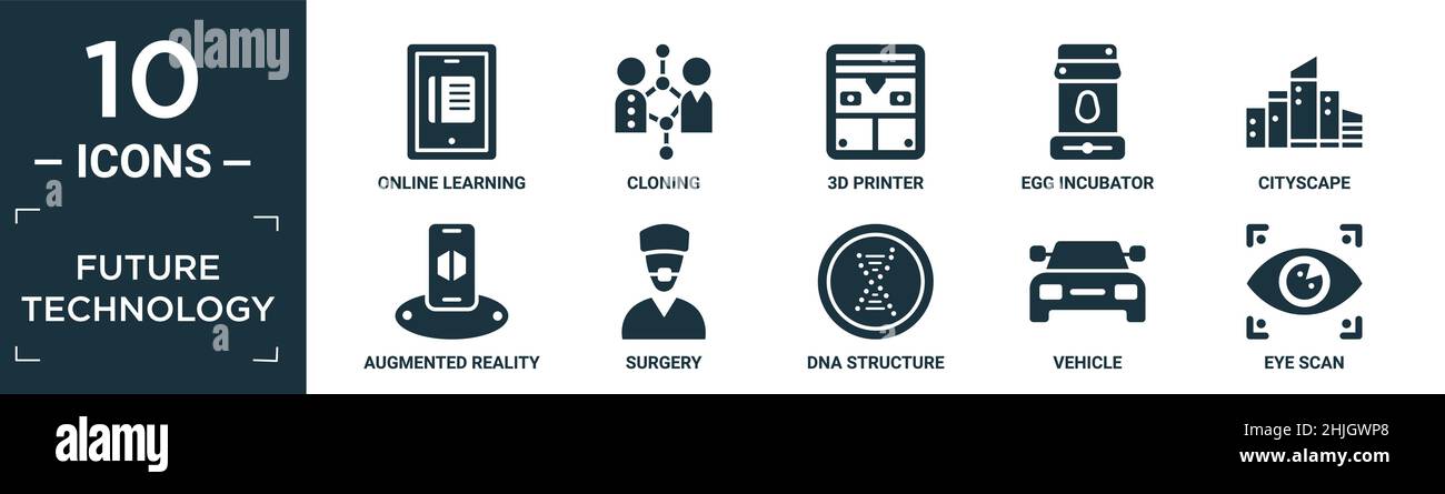 jeu d'icônes de technologie future rempli. contient apprentissage en ligne à plat, clonage, imprimante 3d, incubateur à œufs, cityscape,réalité augmentée, chirurgie, structure de l'adn Illustration de Vecteur