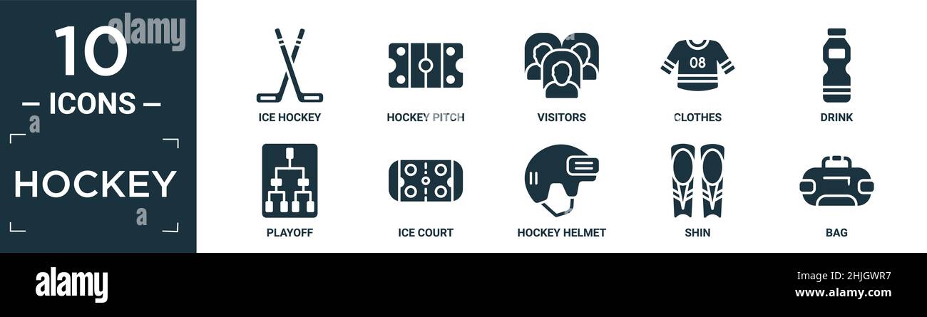 ensemble d'icônes de hockey remplies. contient hockey sur glace plat, terrain de hockey, visiteurs, vêtements, boisson,playoff, cour de glace, casque, tibia, icônes de sac en format modifiable Illustration de Vecteur
