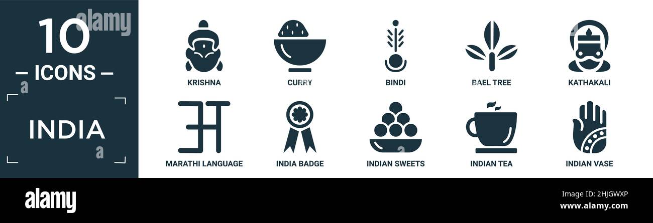 ensemble de symboles indiens remplis contenant des plats krishna, curry, bindi, bael, kathakali,langue marathi, badge indien, bonbons indiens, thé indien, vase indien Illustration de Vecteur ensemble de symboles indiens remplis contenant des plats krishna, curry, bindi, bael, kathakali,langue marathi, badge indien, bonbons indiens, thé indien, vase indien Illustration de Vecteur