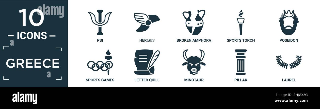 ensemble d'icônes de grèce remplies. contient psi plat, hermès, amphora cassée, torche sportive, poséidon,sports jeux, lettre quill, minotaur, pilier, laurier icônes i Illustration de Vecteur