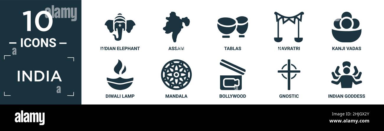ensemble d'icônes de l'inde remplies. contient éléphant indien plat, assam, tacas, navratri, kanji vadas,diwali lamp, mandala, bollywood, gnostique, déesse indienne ic Illustration de Vecteur