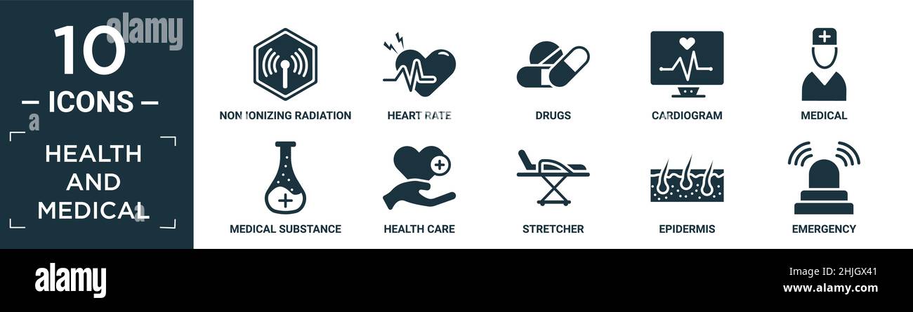 ensemble d'icônes santé et médicales contenant des rayonnements non ionisants plats, la fréquence cardiaque, les médicaments, le cardiogramme, le médical,substance médicale, soins de santé, streptocoque Illustration de Vecteur